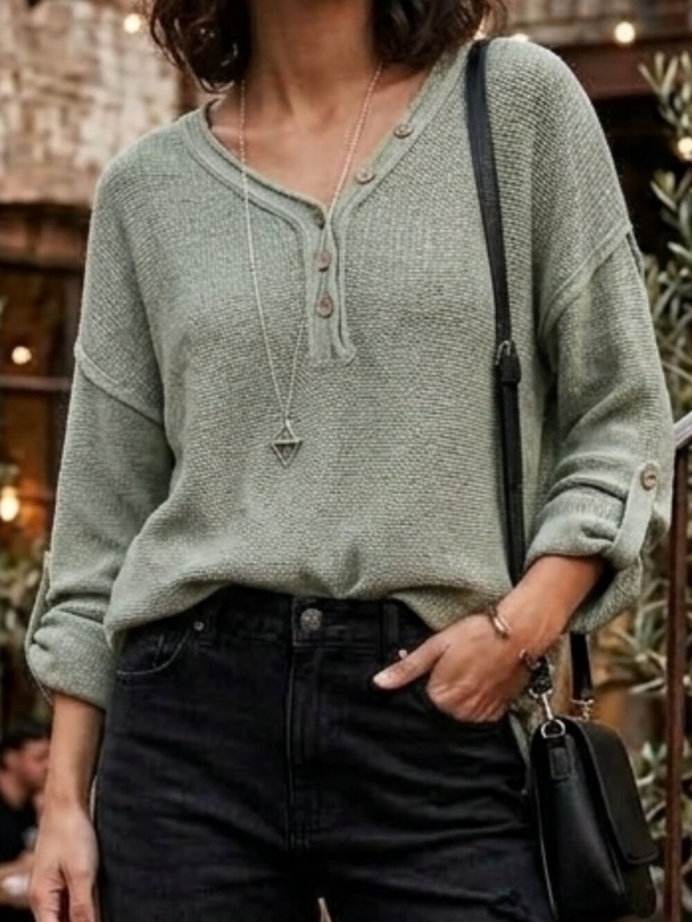 Ces Femme Oversized Knit Henley Sweater Sage Green Raw Edge Slouchy